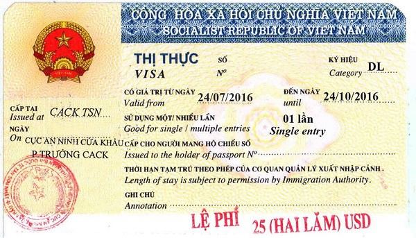 The sample of Vietnam tourist visa